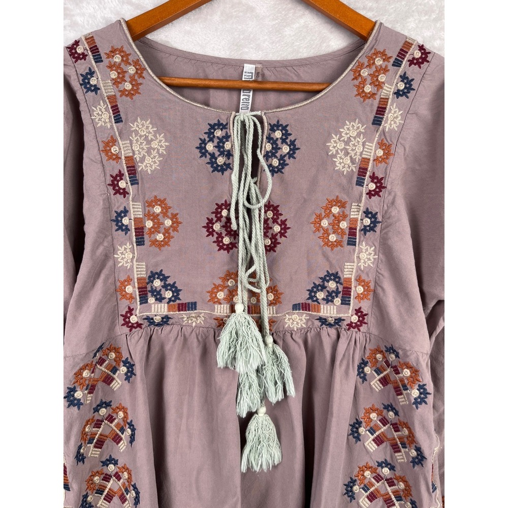 Womens Boho Embroidered Tunic Top Dress Small Gray Monoreno Long Sleeve Festival - Picture 3 of 11